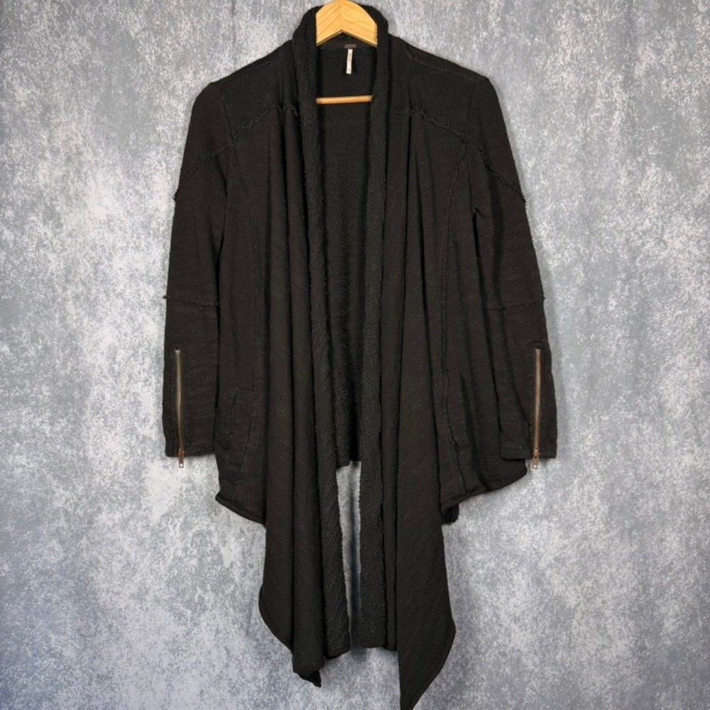 Free People Cardigan Women XS Black Draped Open Front Zipper Cuff Boho